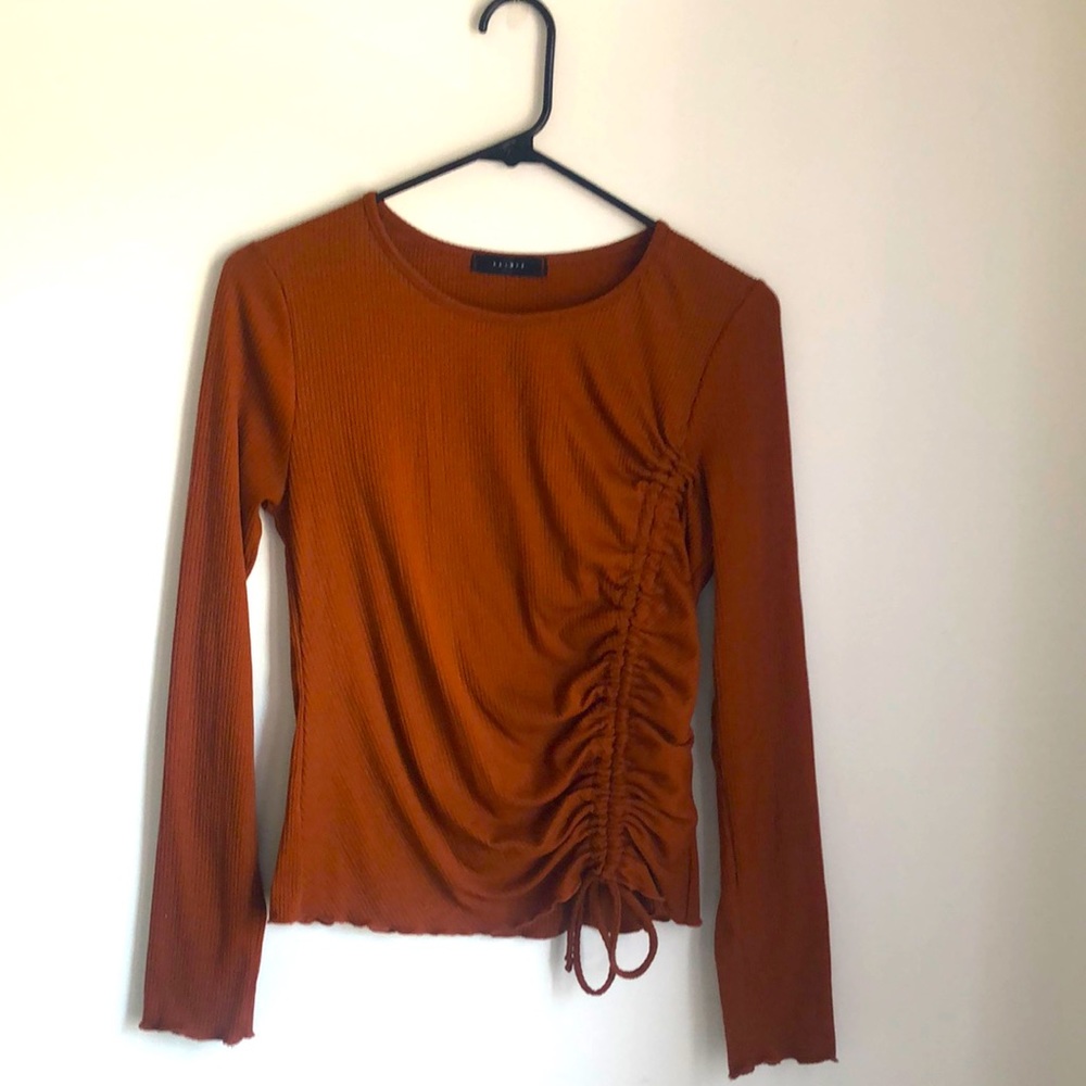Dark Orange Long Sleeve Tee Shirt with Ruching